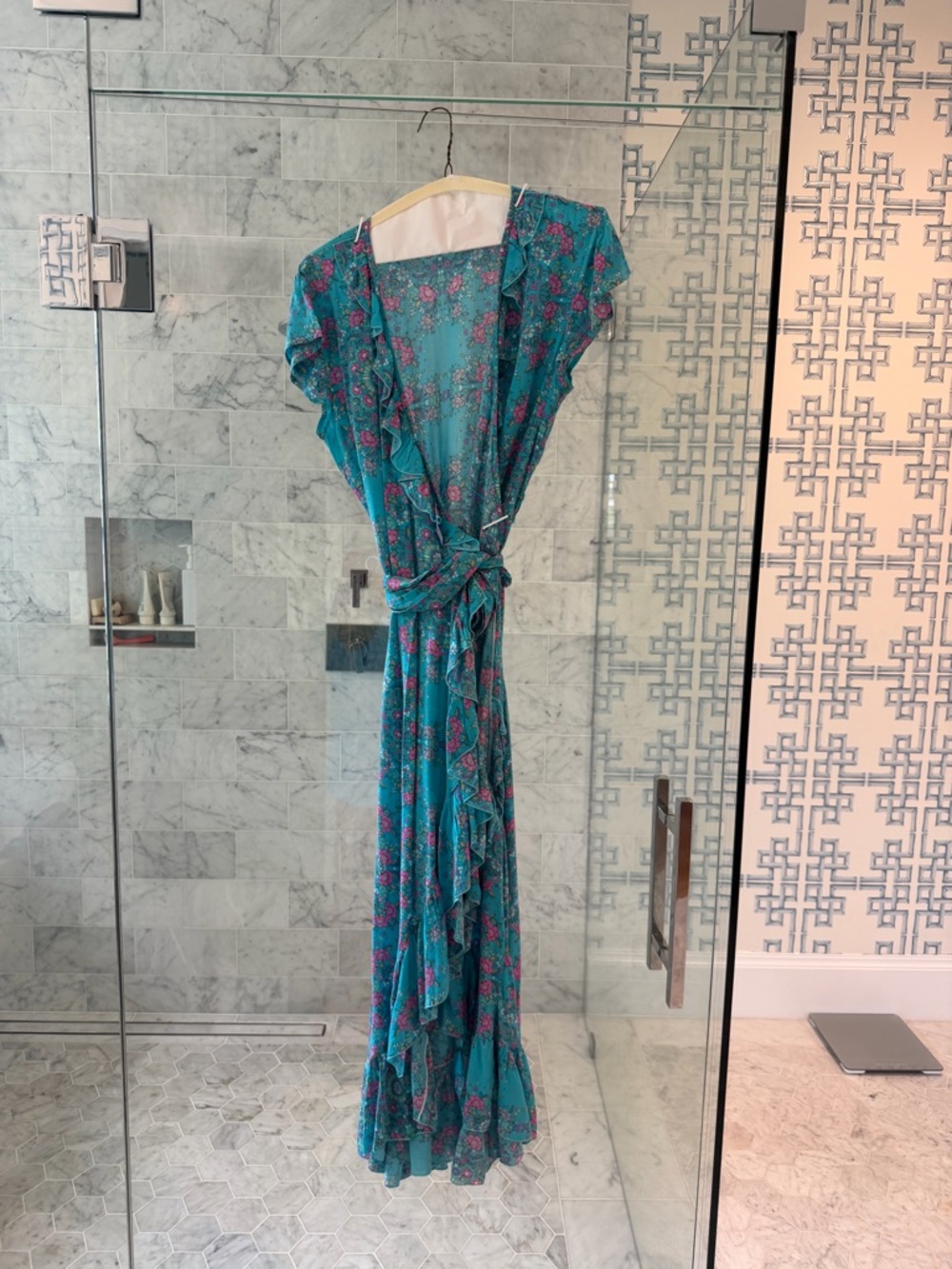 Floral Teal Maxi Wrap Dress with Ruffle Trim